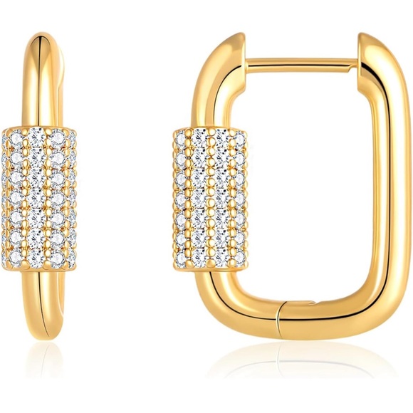 15K Gold Plated Rectangular Hoop Earrings - Picture 3 of 4